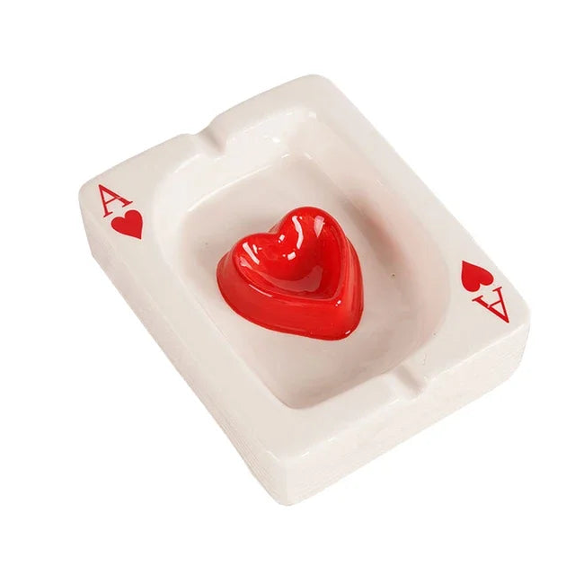 European Red Heart Poker Ashtray – Creative Porcelain Decor for Desk or Home