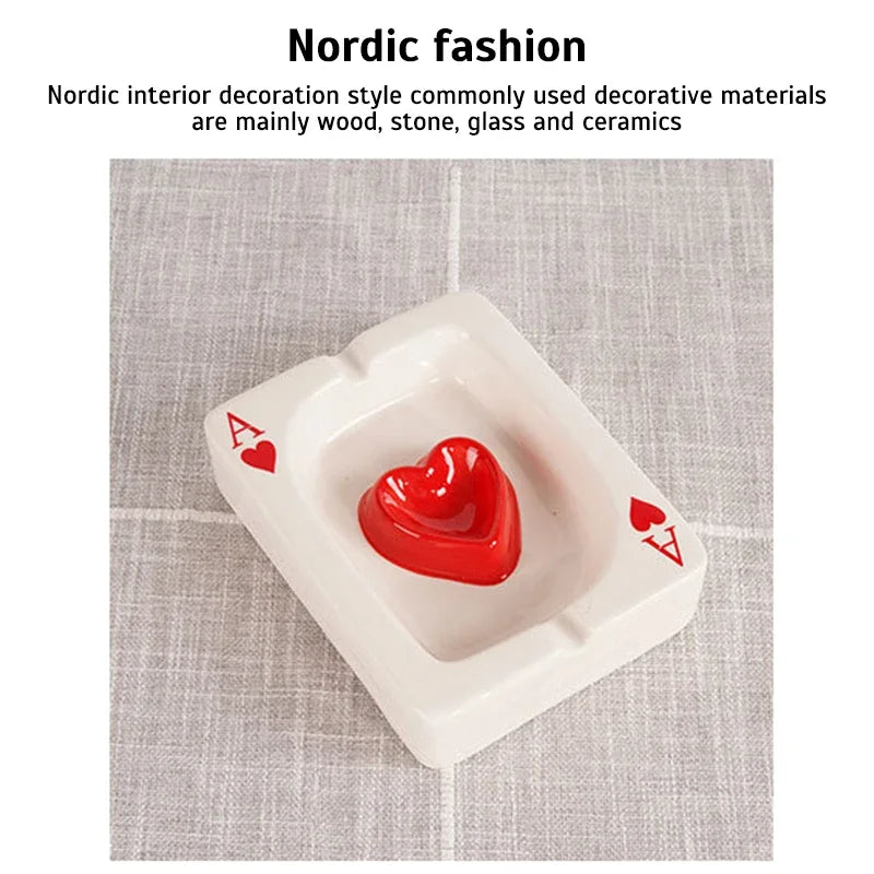 European Red Heart Poker Ashtray – Creative Porcelain Decor for Desk or Home