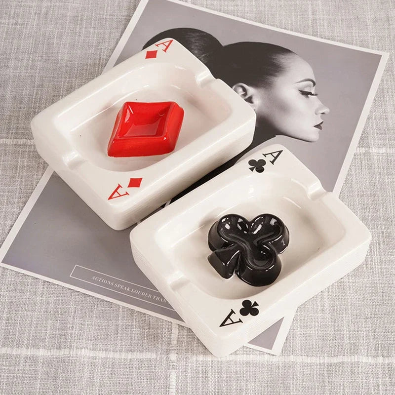 European Red Heart Poker Ashtray – Creative Porcelain Decor for Desk or Home
