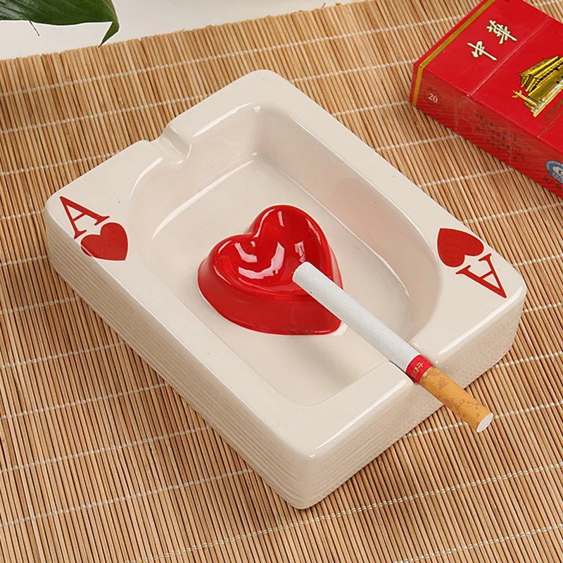 European Red Heart Poker Ashtray – Creative Porcelain Decor for Desk or Home