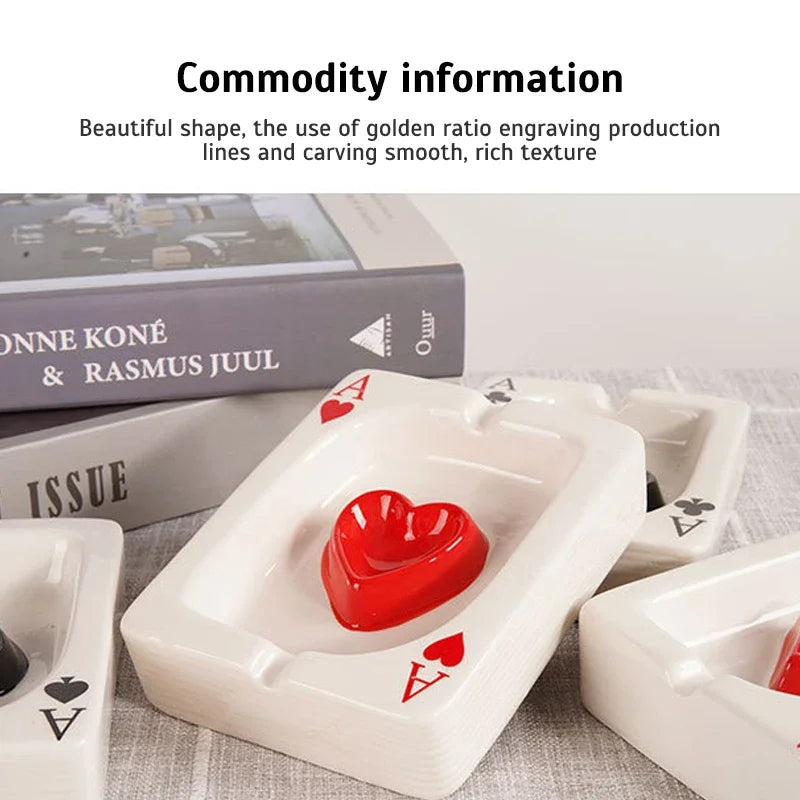 European Red Heart Poker Ashtray – Creative Porcelain Decor for Desk or Home