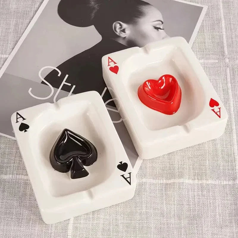 European Red Heart Poker Ashtray – Creative Porcelain Decor for Desk or Home