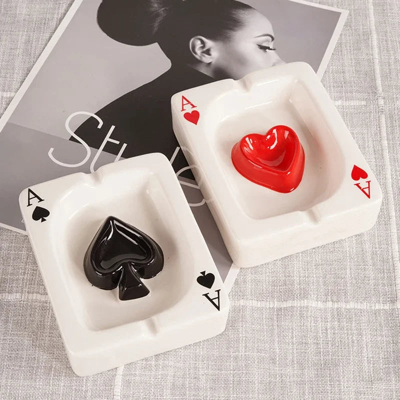European Red Heart Poker Ashtray – Creative Porcelain Decor for Desk or Home
