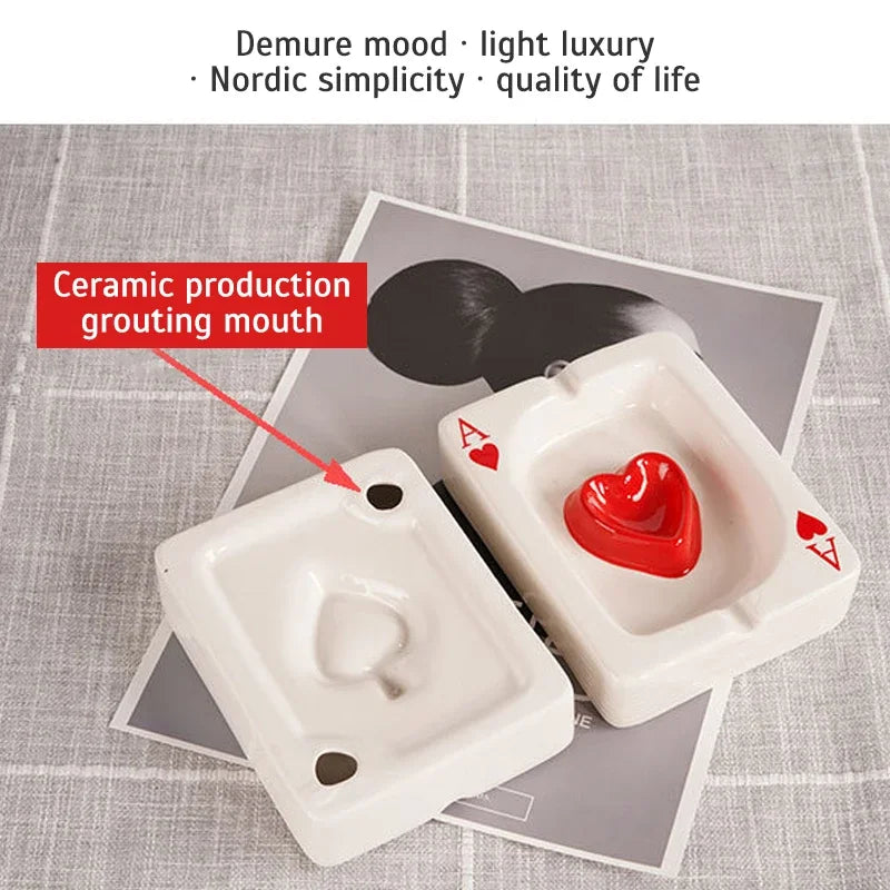 European Red Heart Poker Ashtray – Creative Porcelain Decor for Desk or Home