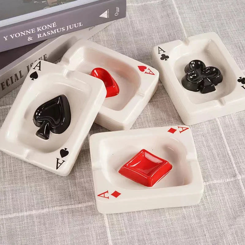 European Red Heart Poker Ashtray – Creative Porcelain Decor for Desk or Home